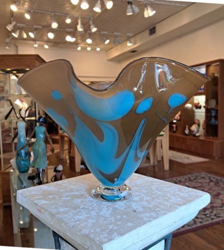 DG-1131 Blown Glass Fluted Vase, Aqua and Latte $450 at Hunter Wolff Gallery